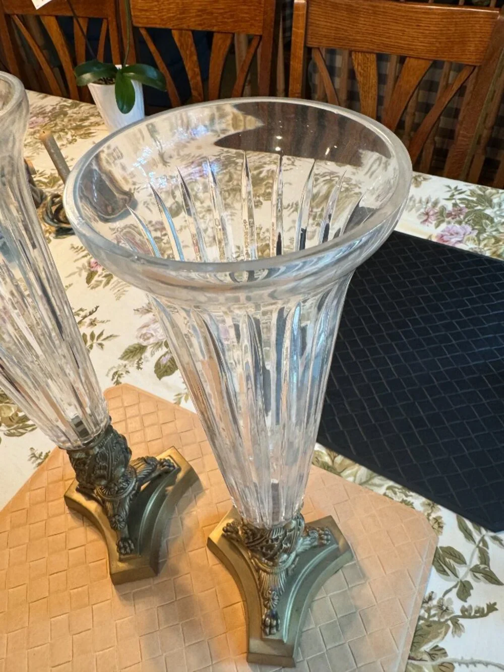 Pair of Metal & Glass Tall Unique Taper Candleholders Beveled Glass 17 1/2